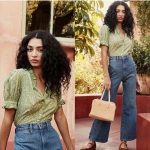 Doen Dauphine Green Garden Bloom Floral Blouse Large